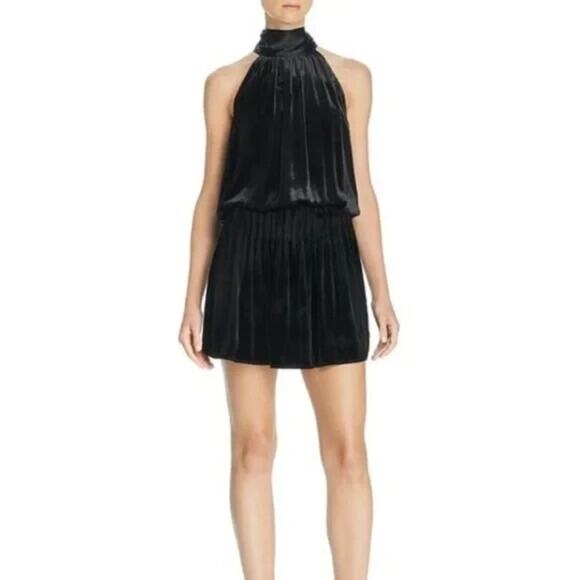 Ramy Brook Paige Velvet Dress Black Mini Velour Sleeveless Mock Neck Tie… - Picture 1 of 10